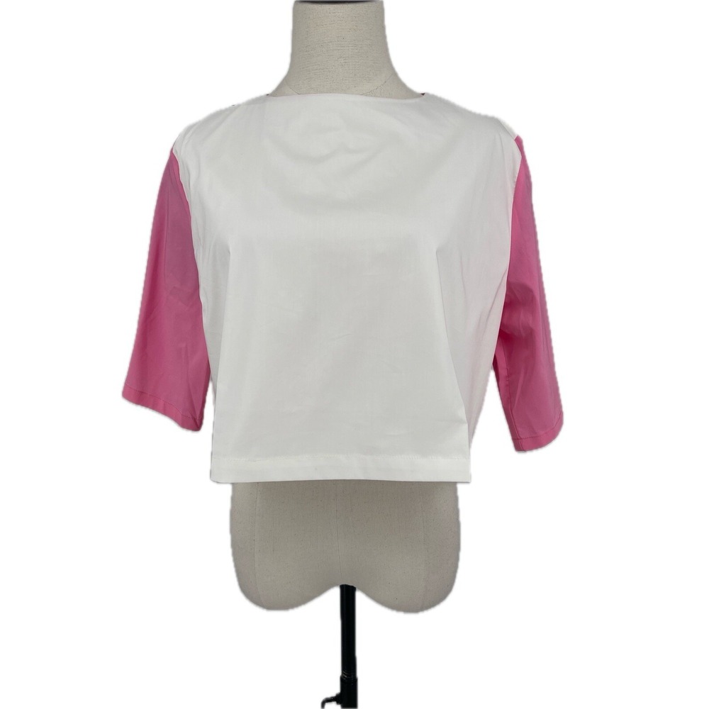NWT Buru Women's Pink White Short Sleeve Cropped Color Block Crew Neck Shirt L‎